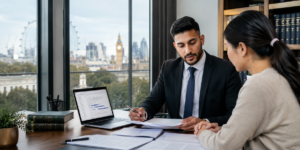 UK immigration adviser reviewing ILR documents with a client