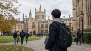 International student on a UK university campus in autumn, illustrating Student visa application challenges in 2026