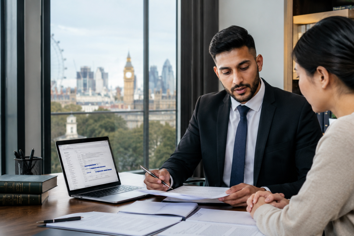 UK immigration adviser reviewing ILR documents with a client