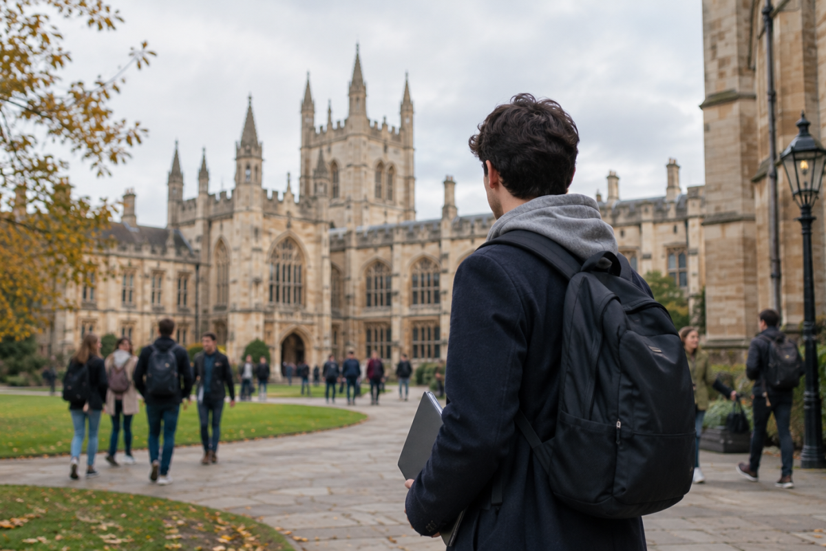International student on a UK university campus in autumn, illustrating Student visa application challenges in 2026